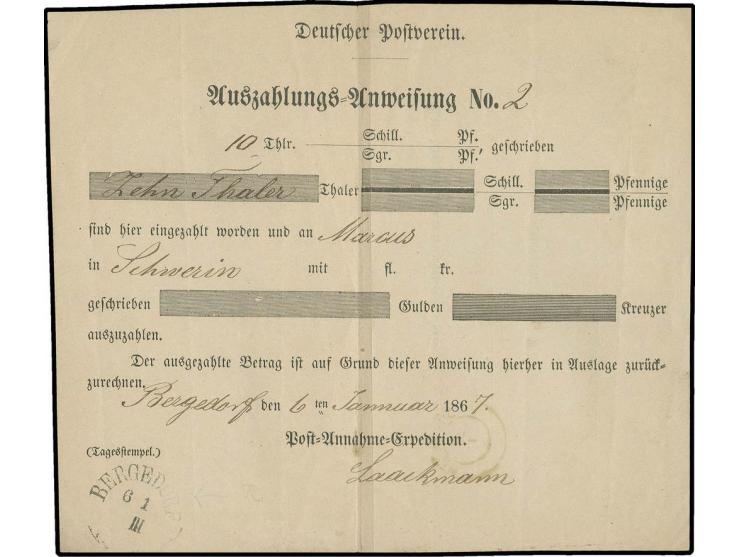 1867, "Deutscher Postverein./Auszahlungs-Anweisung No." mit handschriftlichem Zusatz "2" von Bergedorf mit nebengestztem saub