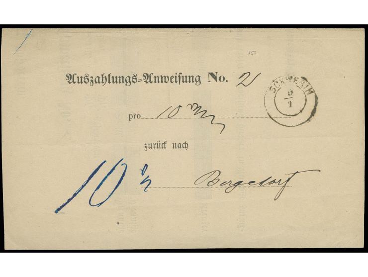 1867, "Deutscher Postverein./Auszahlungs-Anweisung No." mit handschriftlichem Zusatz "2" von Bergedorf mit nebengestztem saub