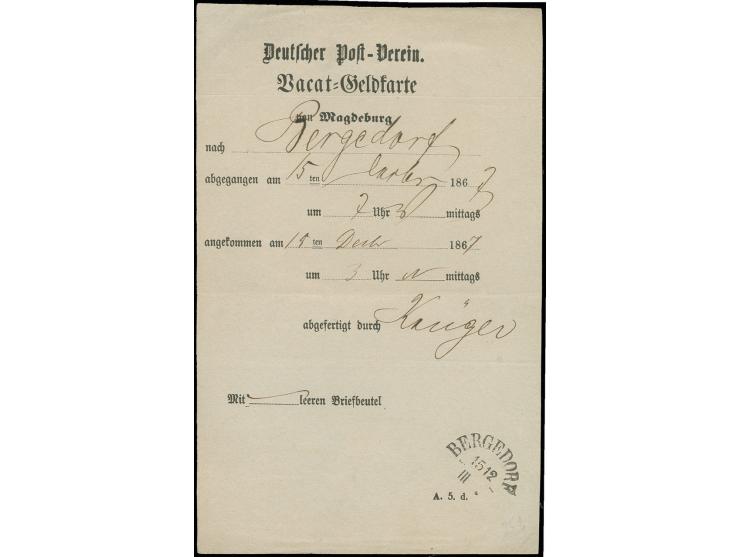 1867, "Deutscher Post-Verein./Bacat-Geldkarte" von Magdeburg nach Bergedorf mit vorderseitigem klarem Halbkreisstempel "BERGE