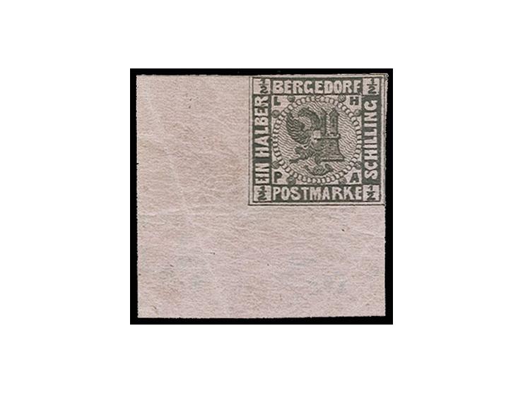 1861, Probedruck ½ Sch. auf lebhaftviolett, breitrandige linke untere Bogenecke, ungebraucht mit Originalgummi, im Bogenrand 