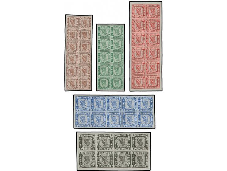 Farbprobedrucke ½ Sch. braun, 1 Sch. grün, 1½ Sch. rot, 3 Sch. blau und 4 Sch. schwarz je im vollständigen Umdruckblock von 8