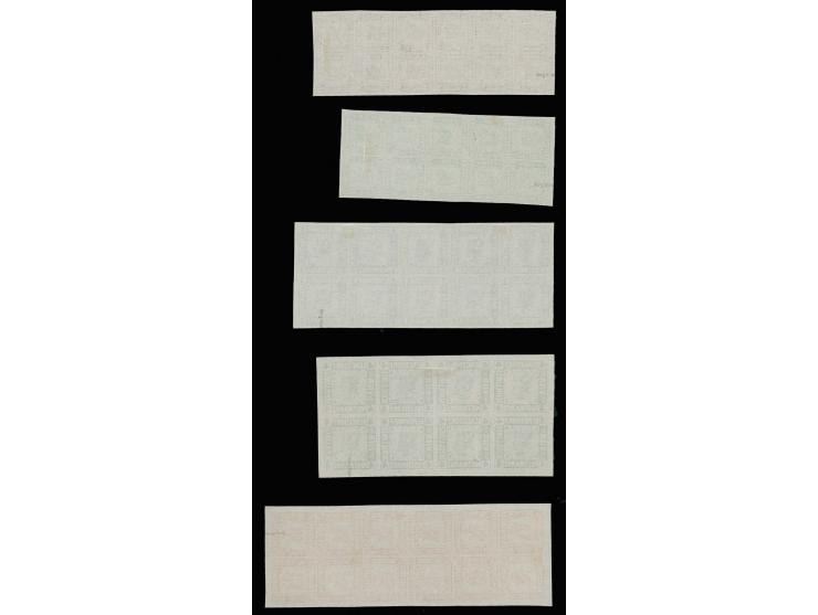 Farbprobedrucke ½ Sch. braun, 1 Sch. grün, 1½ Sch. rot, 3 Sch. blau und 4 Sch. schwarz je im vollständigen Umdruckblock von 8