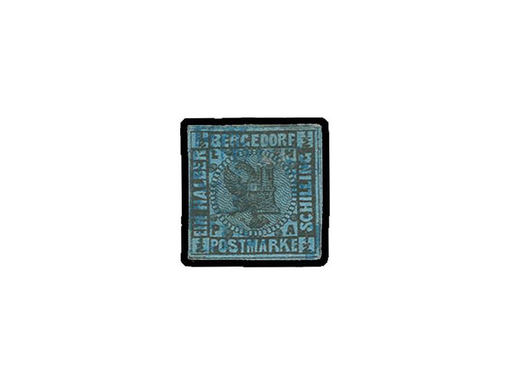 ½ Sch. auf blau, voll- bis breitrandig mit sehr seltener Entwertung durch blauen Zugstempel "HAMBURG/BERLIN", Marke rückseiti