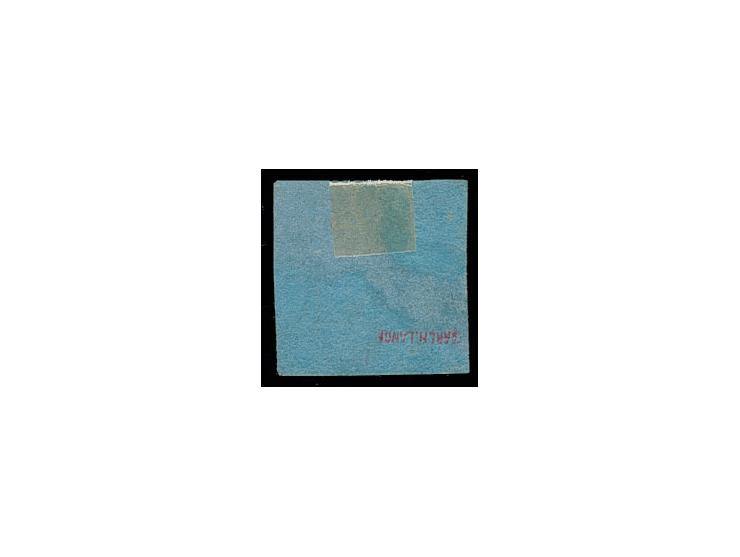 ½ Sch. auf blau, voll- bis breitrandig mit sehr seltener Entwertung durch blauen Zugstempel "HAMBURG/BERLIN", Marke rückseiti