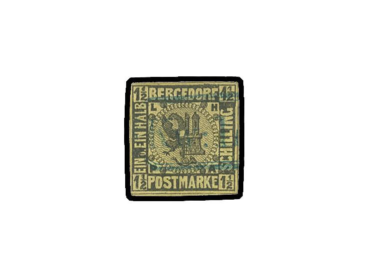 1½ Sch. auf gelb, voll- bis breitrandig mit alleiniger Entwertung durch blauen Rahmenstempel "K.w.L.P." (= Kirchwerder-Land-P