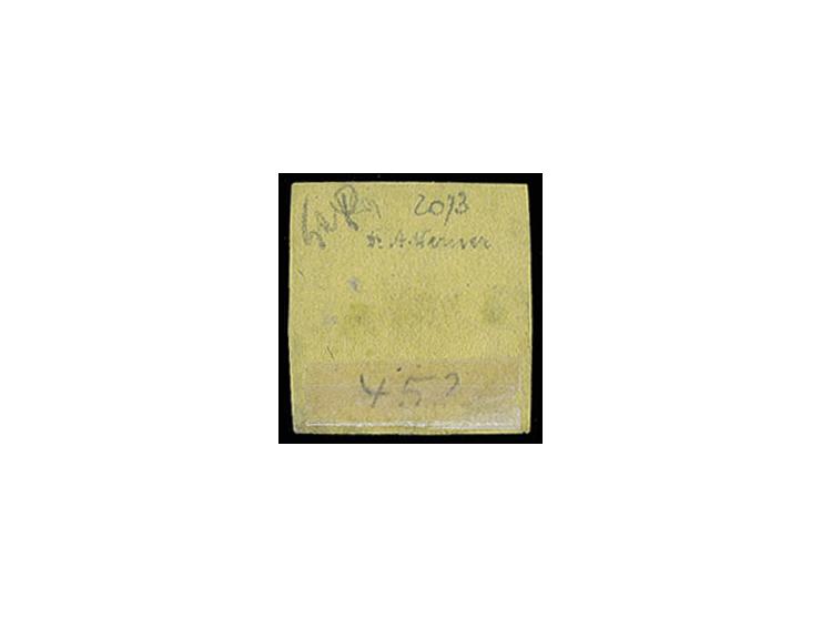 1½ Sch. auf gelb, voll- bis breitrandig mit alleiniger Entwertung durch blauen Rahmenstempel "K.w.L.P." (= Kirchwerder-Land-P
