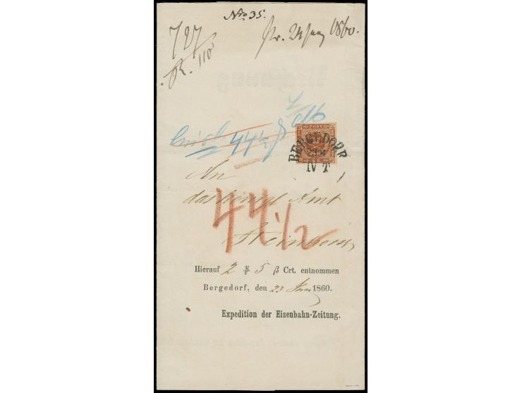 4 Sk. rotbraun, voll- bis meist breitrandig mit glasklar aufgesetztem Ortsstempel "BERGEDORF 23 6" (1860) auf Rechnung der Ei