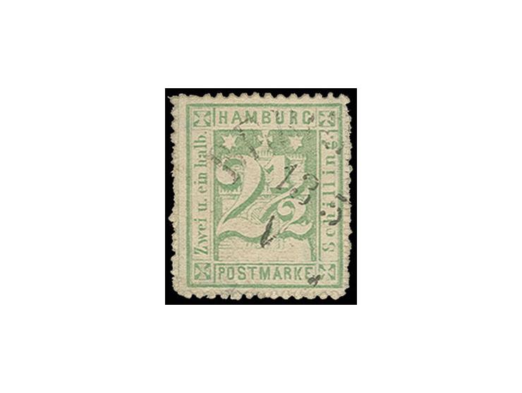 2½ Sch. gelblichgrün mit Ortsstempel "BERGE(DORF) 13 5 IV T", kleine Mängel (u.a. kleine helle Stelle). Diese Marke ist in Be