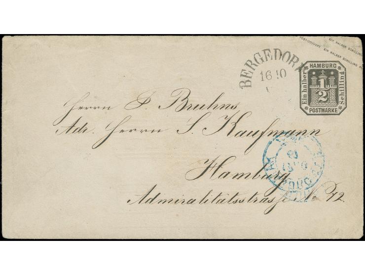 Ganzsachenumschlag ½ Sch. schwarz mit leicht übergehendem sauberem Ortsstempel "BERGEDORF 16 10" an die Adresse Kaufmann, Ham