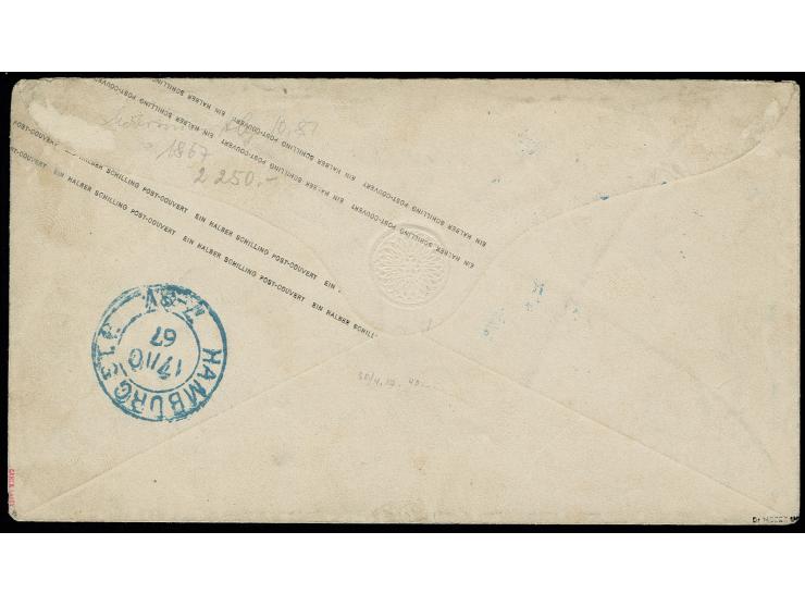 Ganzsachenumschlag ½ Sch. schwarz mit leicht übergehendem sauberem Ortsstempel "BERGEDORF 16 10" an die Adresse Kaufmann, Ham