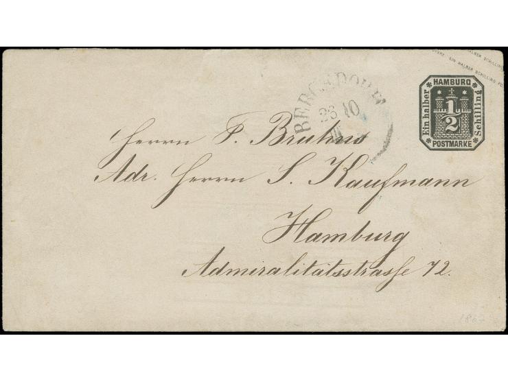 Umschlag ½ Sch. schwarz mit sauber nebengesetztem Ortsstempel "BERGEDORF 26 10 III T" an die bekannte Adresse Kaufmann, Hambu