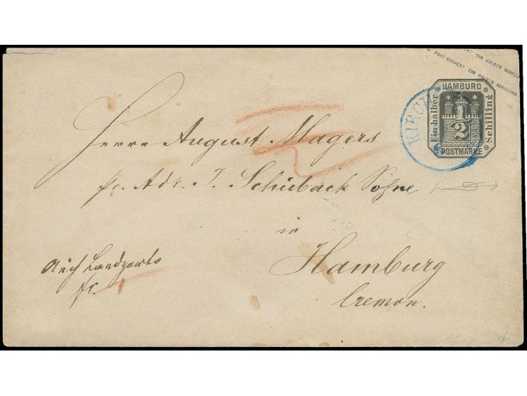 Umschlag ½ Sch. schwarz mit sauber auf dem Wertstempel abgeschlagenem blauem EKr. "KIRCHWERDER 1.../6" nach Hamburg mit rücks