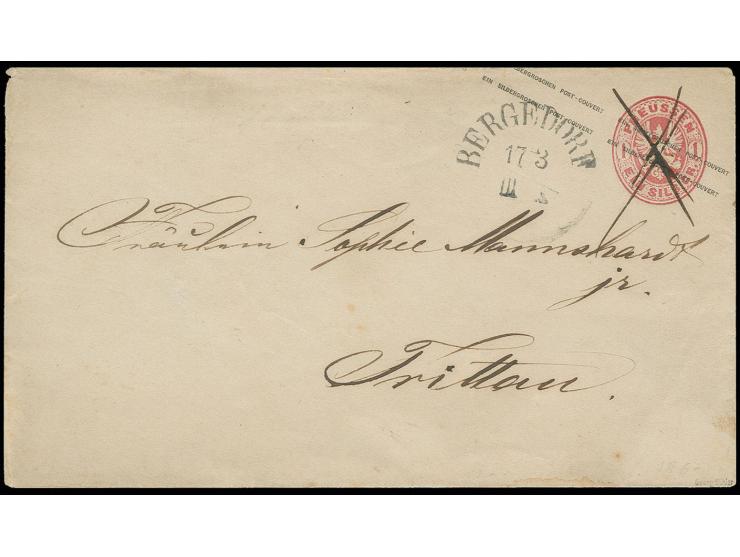 Umschlag Wappen 1 Sgr. karmin mit nebengesetztem Aufgabestempel "BERGEDORF 17 3" (1867), der Wertstempel mit Federzugentwertu