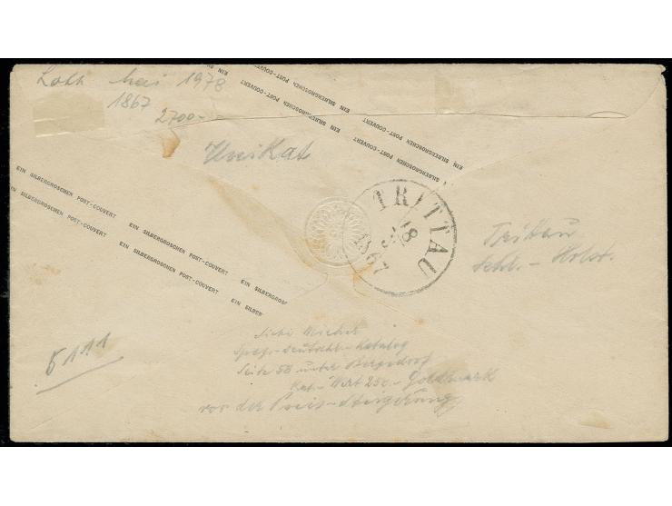 Umschlag Wappen 1 Sgr. karmin mit nebengesetztem Aufgabestempel "BERGEDORF 17 3" (1867), der Wertstempel mit Federzugentwertu