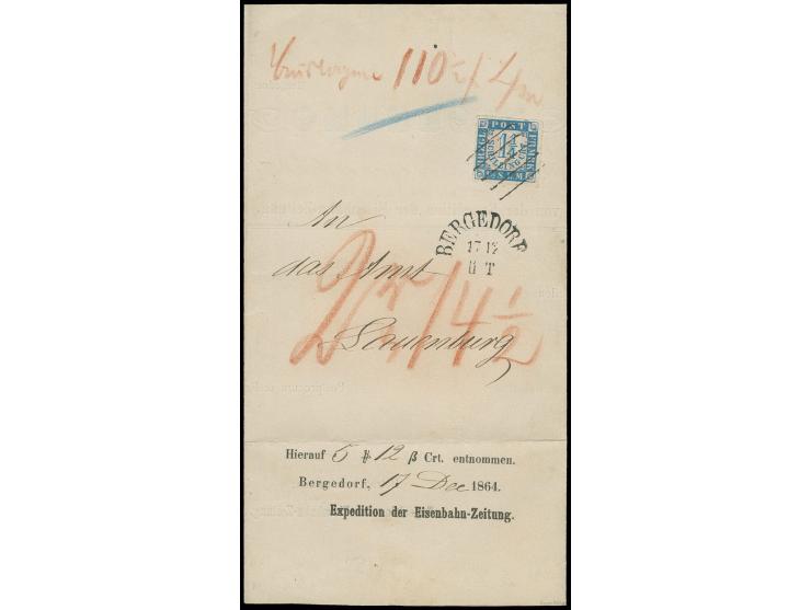 1¼ Sch. blau auf rosa, tadellos durchstochen mit sauberem Strichstempel und nebengesetztem klarem Ortsstempel "BERGEDORF 17 1