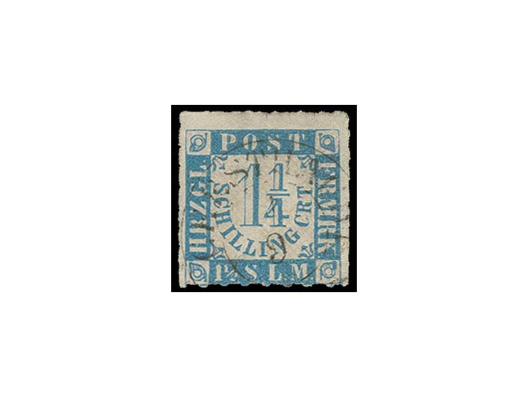 1¼ Sch. blau, farbfrisch und gut durchstochen mit zentrisch aufgesetztem DKr. "GEESTHACHT 1/9", rückseitig ausgebessert; in G