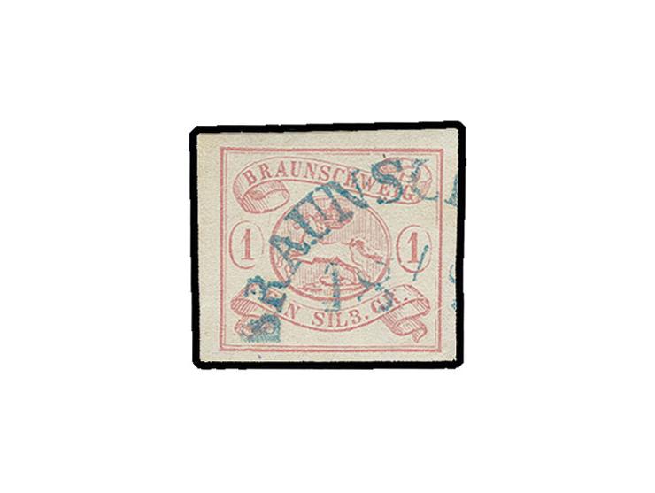 1852, 1 Sgr. rosa, allseits breitrandig und farbfrisch mit sauber aufgesetztem blauem Halbkreisstempel von Braunschweig, Kabi