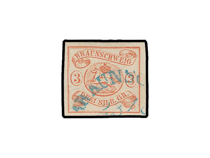 3 Sgr. orangerot, allseits breitrandig und farbfrisch mit sauber aufgesetztem blauem Halbkreisstempel von Braunschweig, Kabin