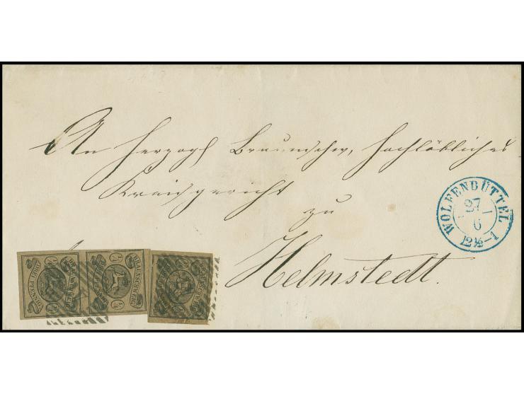 1853, ¼ Sgr. auf braun, waagerechtes Paar und Einzelmarke, alle voll- bis breitrandig mit klarer Nr. "47" auf Briefhülle mit 