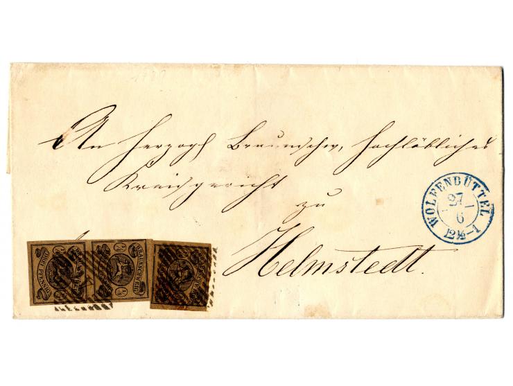1853, ¼ Sgr. auf braun, waagerechtes Paar und Einzelmarke, alle voll- bis breitrandig mit klarer Nr. "47" auf Briefhülle mit 