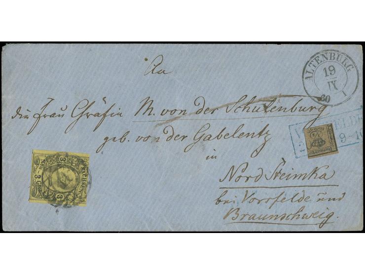 1857, ¼ Ggr. graubraun mit klarem Ra2 "VORSFELDE 20/9 * 9-10" in Mischfrankatur mit Sachsen 1855 Johann 3 Ngr. auf mattgelb, 