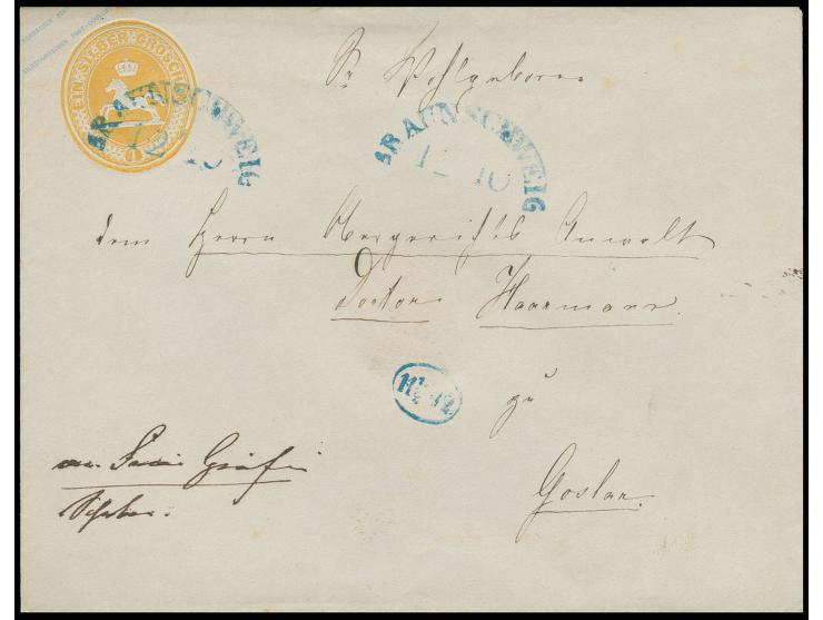 Umschlag 1 Sgr. gelb, großes Format, mit blauem Halbkreisstempel "BRAUNSCHWEIG 12/10" und Stundenstempel "11½-12" nach Goslar