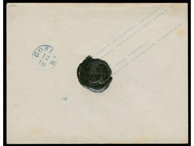Umschlag 1 Sgr. gelb, großes Format, mit blauem Halbkreisstempel "BRAUNSCHWEIG 12/10" und Stundenstempel "11½-12" nach Goslar
