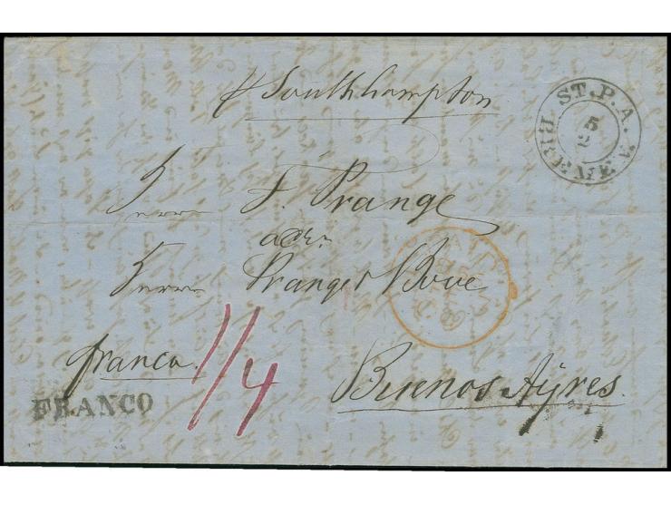 1856, "ST.P.A. BREMEN 5 2" klar auf bar bezahltem Faltbrief via Southhampton nach Buenes Aires, der englische Anteil mit "1/4