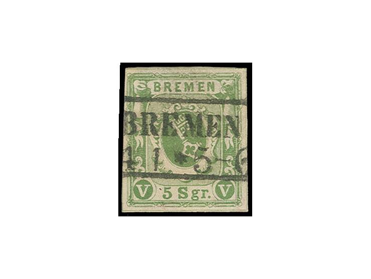5 Sgr. gelbgrün, voll- bis breitrandig mit zentrisch sauber aufgesetztem Ra2 "BREMEN 4 1", punkthelle Stelle, sonst tadellos,