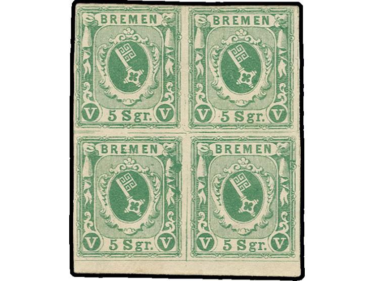1859, 5 Sgr. gelbgrün im Unterrandviererblock, ungebraucht mit Originalgummi, Sperati-Fälschung in Typen B,C,D,E, gute Erhalt