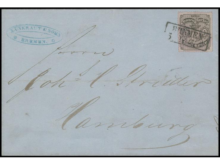 1862, 5 Gr. auf mattgraubraun mit allseits gutem Durchstich D1I, mit Ra2 "BREMEN 5 2" (1866) auf Faltbriefhülle nach Hamburg;