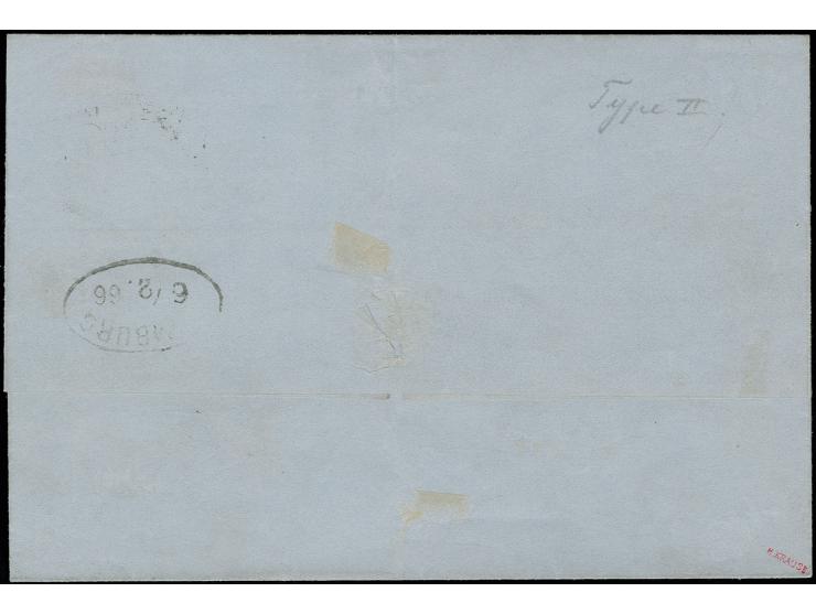 1862, 5 Gr. auf mattgraubraun mit allseits gutem Durchstich D1I, mit Ra2 "BREMEN 5 2" (1866) auf Faltbriefhülle nach Hamburg;