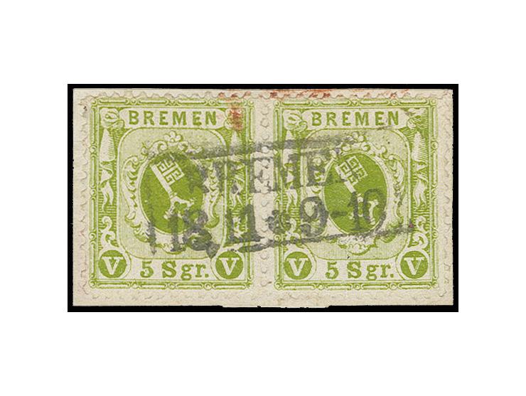5 Sgr. grün auf gestrichenem Papier im waagerechten Paar mit zentrischen Ra2 "BREMEN 18 11" auf Briefstück, kleiner Teil eine