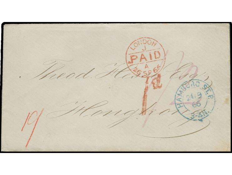 1866, "HAMBURG ST.P. 24/9 66" klar auf mit 19 Shilling bar bezahltem Umschlag via London nach Hong Kong mit rückseitigem Anku