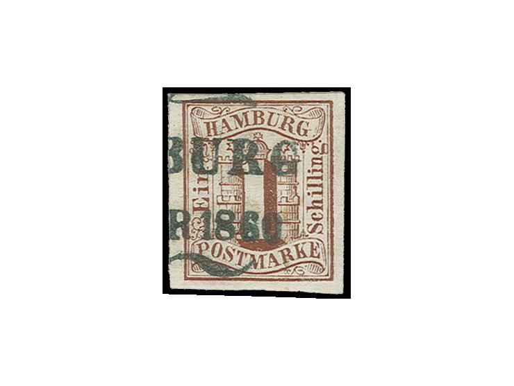 1 Sch. braun, allseits breitrandig, sauber entwertet durch Schmetterlingsstempel, selten, Kabinett, sign. W. Engel mit Befund