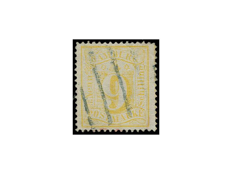 9 Sch. dunkelorangegelb, kräftige Farbe und recht gut gezähnt, leicht aufgesetzter Balkenstempel, Pracht, sign. W. Engel BPP 