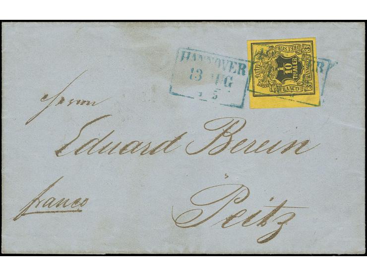 1/10 Th. auf gelb, breit- bis überrandiges linkes Randstück mit blauem Ra. "HANNOVER 13 AUG." auf Briefhülle nach Peitz, leic