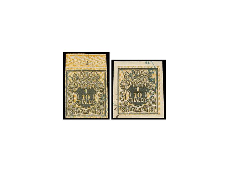 1855/57, 1/10 Th. eng genetzt, oranges Netzwerk, voll- bis breitrandiges Oberrandstück mit Reihenzähler "2", im Rand unauffäl