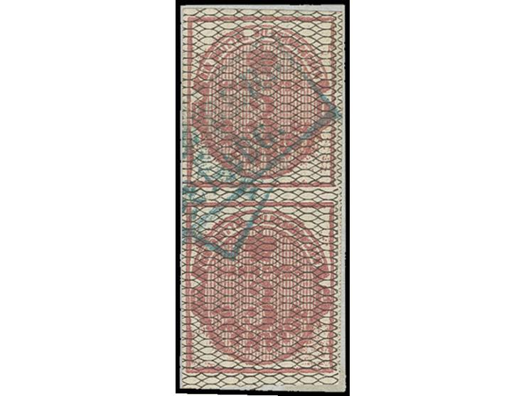3 Pfg. schwarz genetzt im senkrechten Paar, allseits breitrandig, entwertet durch blauen Ra2, Kabinett, sign. Pfenninger (Mi.