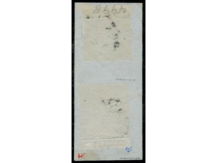 3 Pfg. schwarz genetzt im senkrechten Paar, allseits breitrandig, entwertet durch blauen Ra2, Kabinett, sign. Pfenninger (Mi.