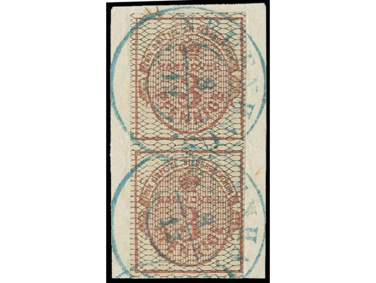 1856/57, 3 Pfg. schwarz genetzt, senkrechtes Paar, unten rechts noch voll- sonst meist breitrandig mit klarem DKr. "NEUENHAUS