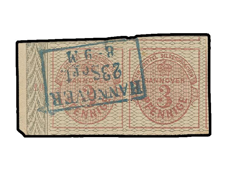 3 Pfg. rötlichkarmin, grau genetzt, im waagerechten Paar, allseits überrandig, rechts und oben mit Teilen von Nachbarmarken, 