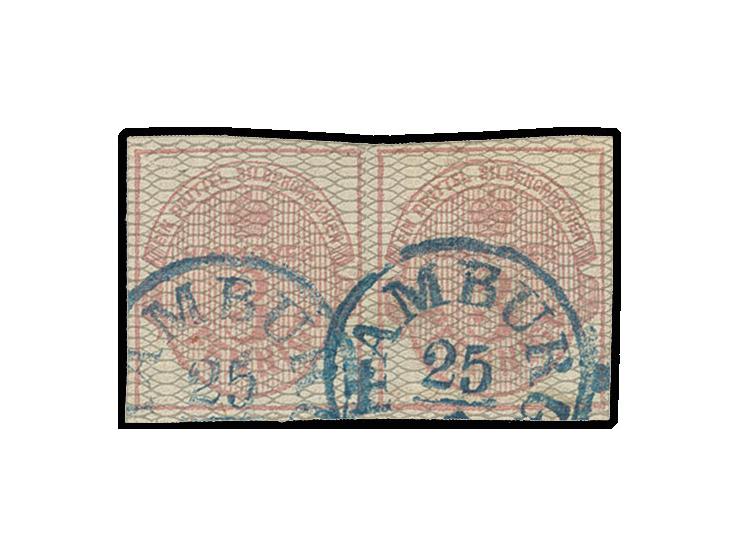 3 Pfg. grau genetzt im waagerechten Paar, voll- bis breitrandig mit sauberem blauem EKr. "HAMBURG 25/...", Kabinett, sign. H.