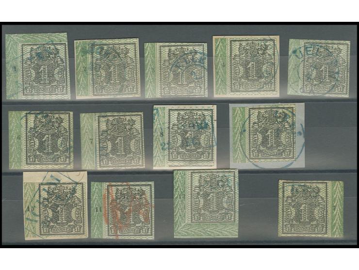 1856, 1 Ggr. schwarz/grün, Bogenrandrekonstruktion, 12 Werte, alle voll- bis breitrandig, je mit linkem Bogenrand und Reihenz