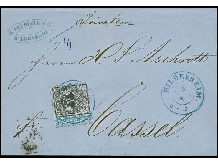 1/15 Th., Netzwerk grauultramarin, allseits breitrandiges rechtes Randstück mit vollständiger Bordüre, mit leichtem DKr. "HIL
