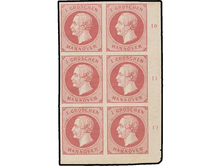 1 Gr. karminrot im senkrechten 6er-Block aus der rechten unteren Bogenecke mit Reihenzähler "10"-"12", ungebraucht, meist pos