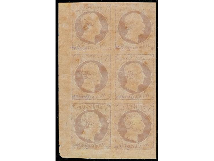 1 Gr. karminrot im senkrechten 6er-Block aus der rechten unteren Bogenecke mit Reihenzähler "10"-"12", ungebraucht, meist pos