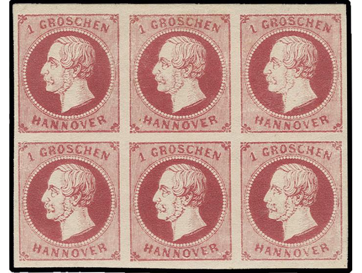 1 Gr. weinrot, feiner Druck im 6er-Block, allseits breitrandig und farbfrisch, ungebraucht, 2 Werte postfrisch, Kabinett, Fot