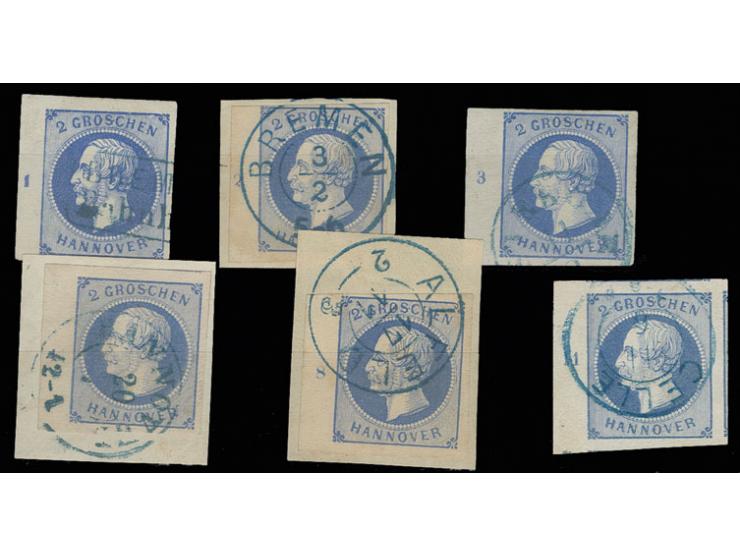 2 Gr. blau, gestempelte Teilrekonstruktion des linken Bogenrandes mit Reihenzählern "1"-"4", "8" und "11", dabei 2 Stempel vo