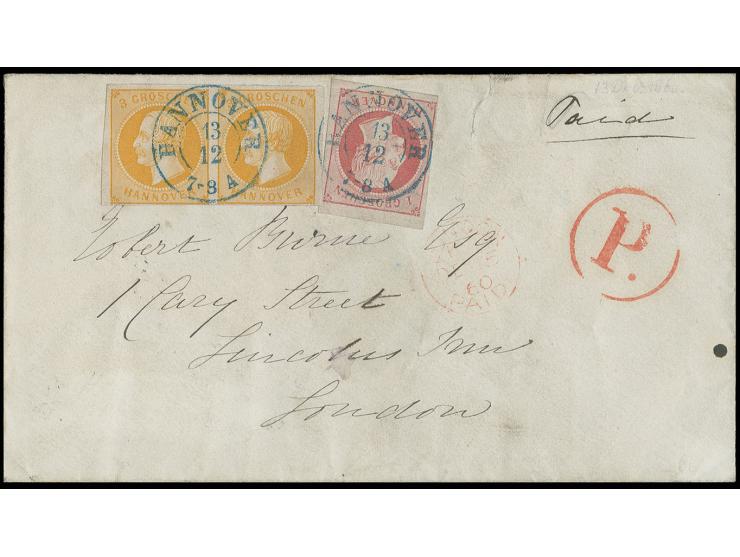 3 Gr. orange im waagerechten Paar und 1 Gr. rosa, noch voll- bis meist breitrandig mit DKr. "HANNOVER 13 12" als portogerecht